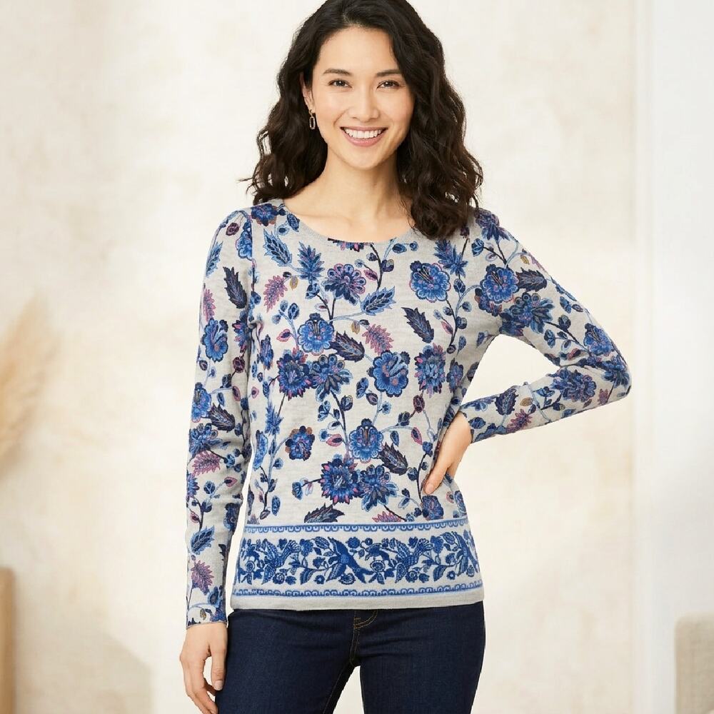Talbots Merino Wool Floral Sweater Small P Blue Paisley Pullover Puff Sleeve